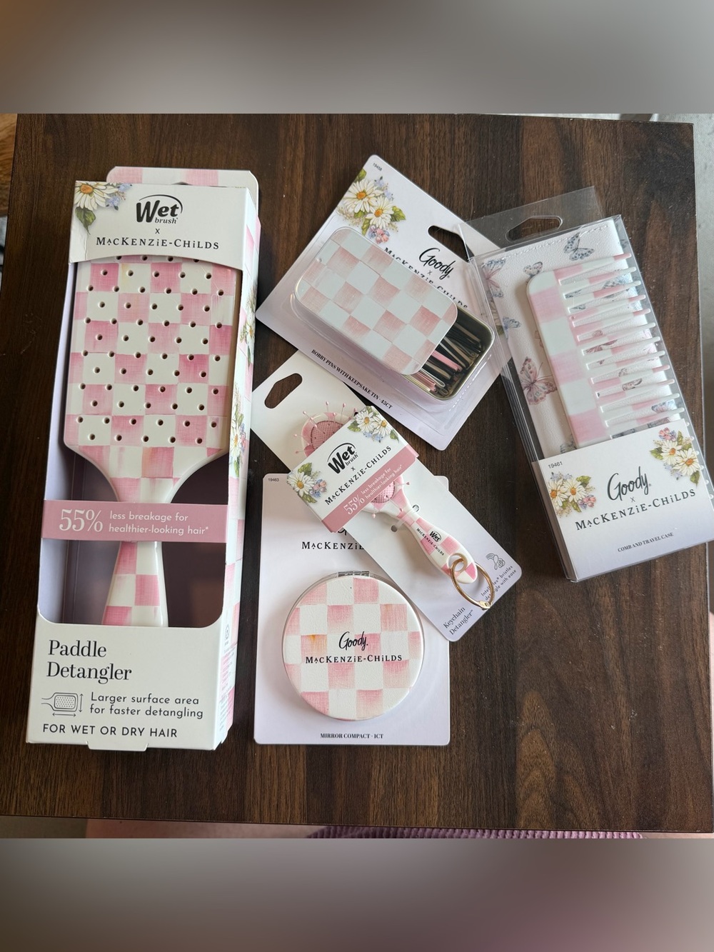 MacKenzie-Childs Pink and White Check Hairbrush & Accessory Set